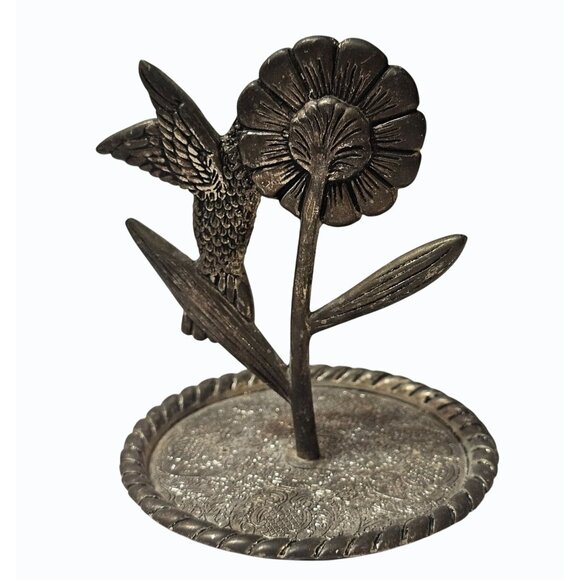 Hummingbird & Flower Figurine Silver-Tone Metal Jewelry Holder Or Paperweight Wi - Picture 2 of 7